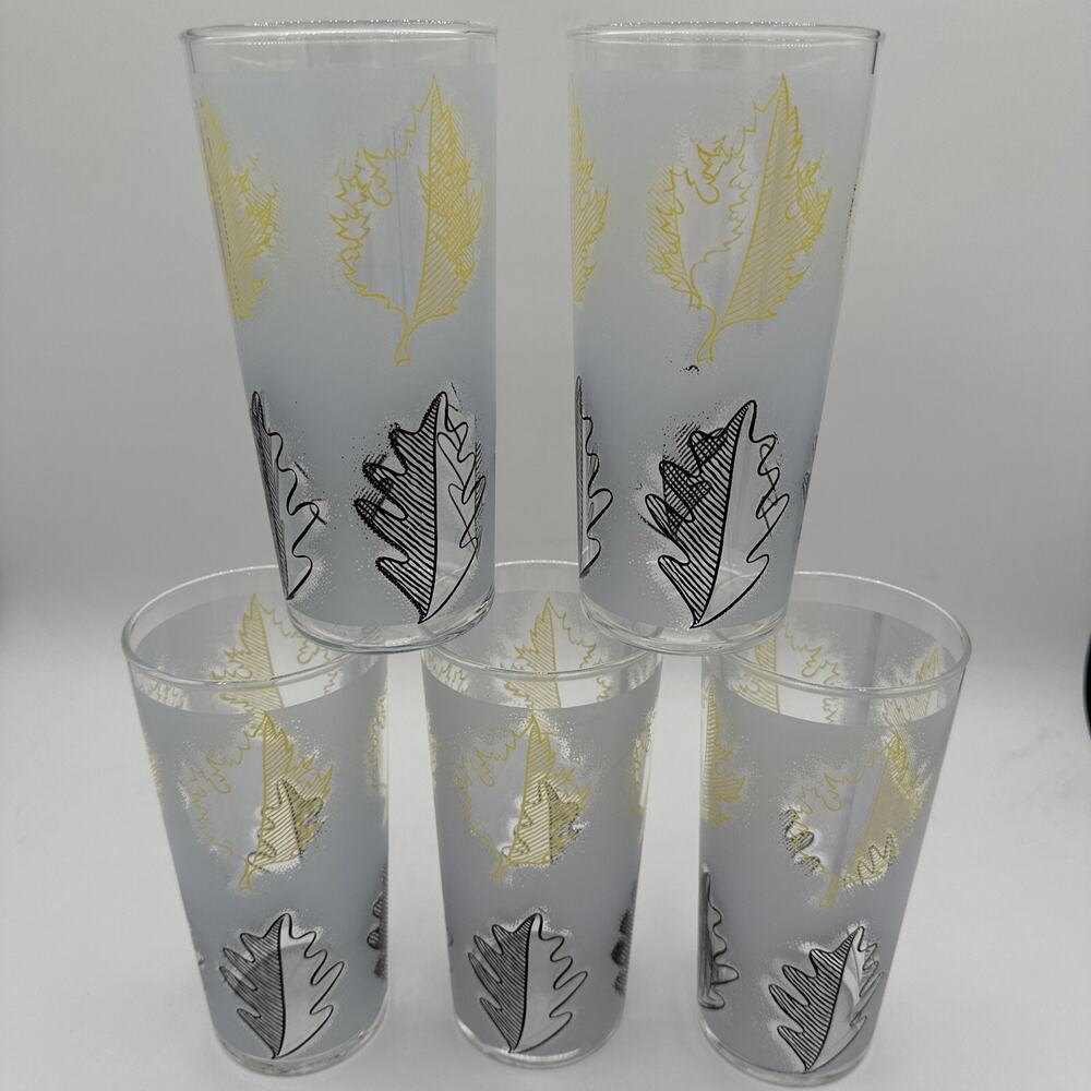 Libbey Vintage Set Of 5 Tall Frosted Maple Leaves Glasses
